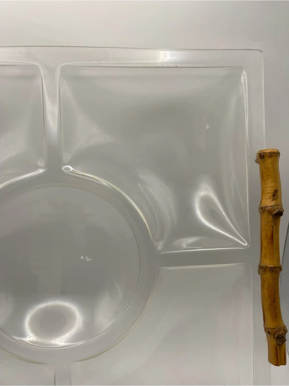 Vintage MCM Lucite Acrylic Sectioned Serveware Platter with Bamboo Handles